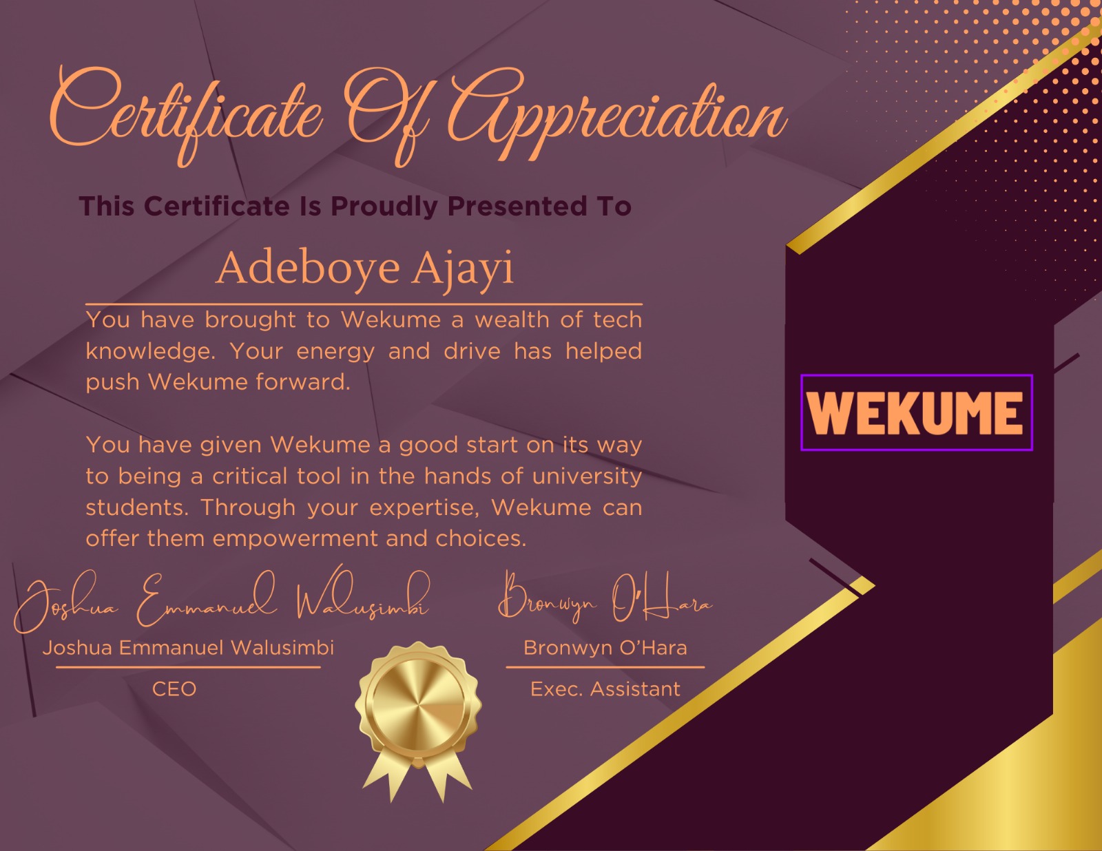 Wekume Certificate of Appreciation